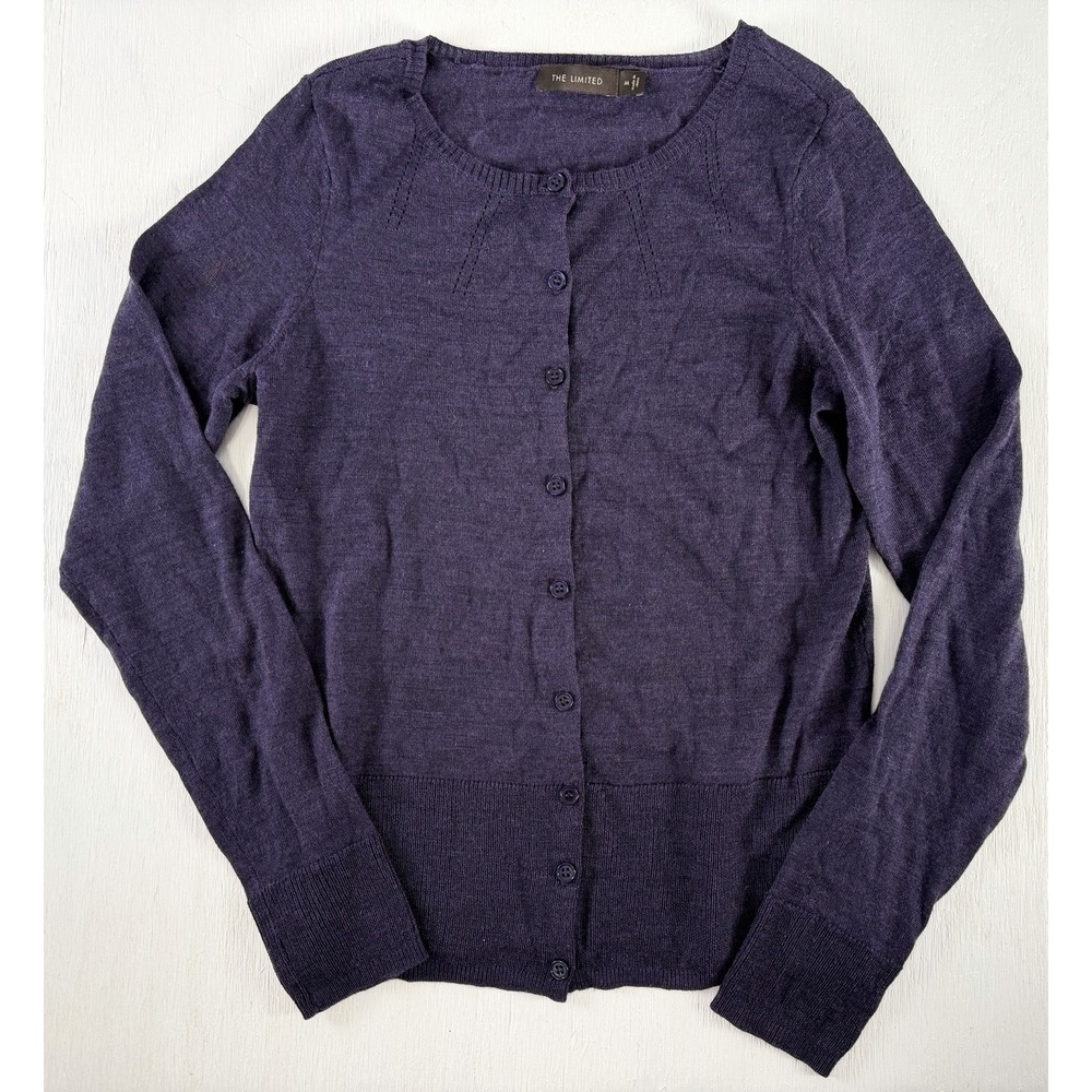 The Limited Women's M Purple Cardigan Sweater Crew Neck Long Sleeve Wool Blend